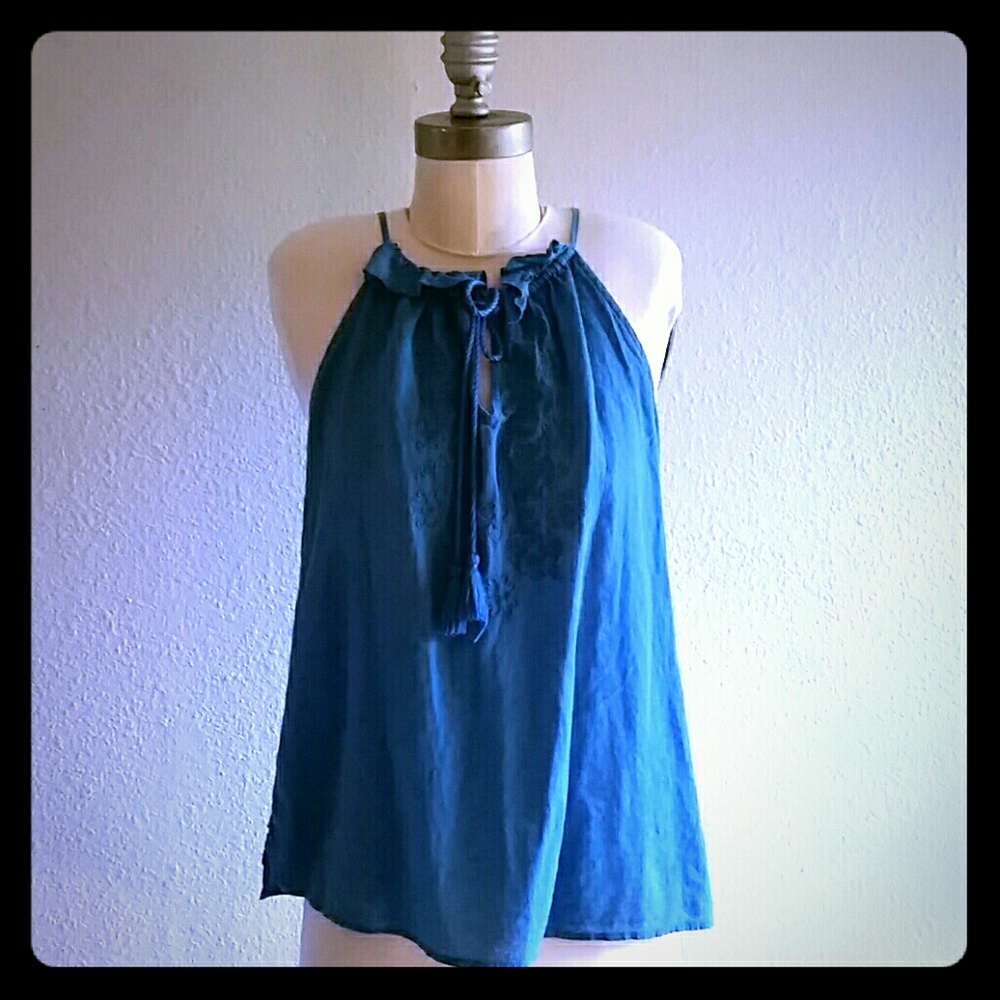 Ann Taylor Loft bohemian blue cotton halter top